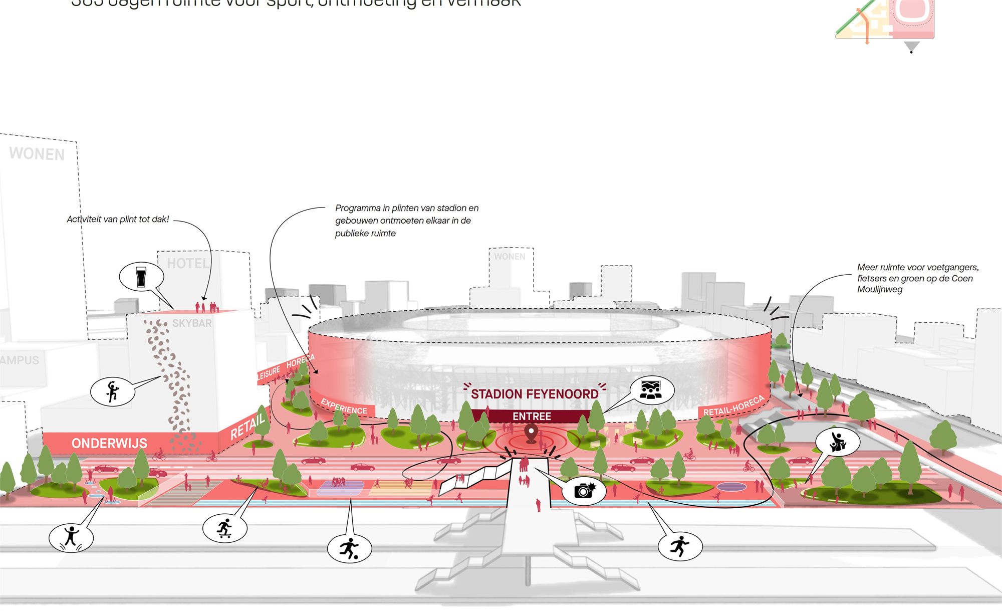 Stadion Driehoek — Stadionplein met programma in de plinten van stadion en gebouwen