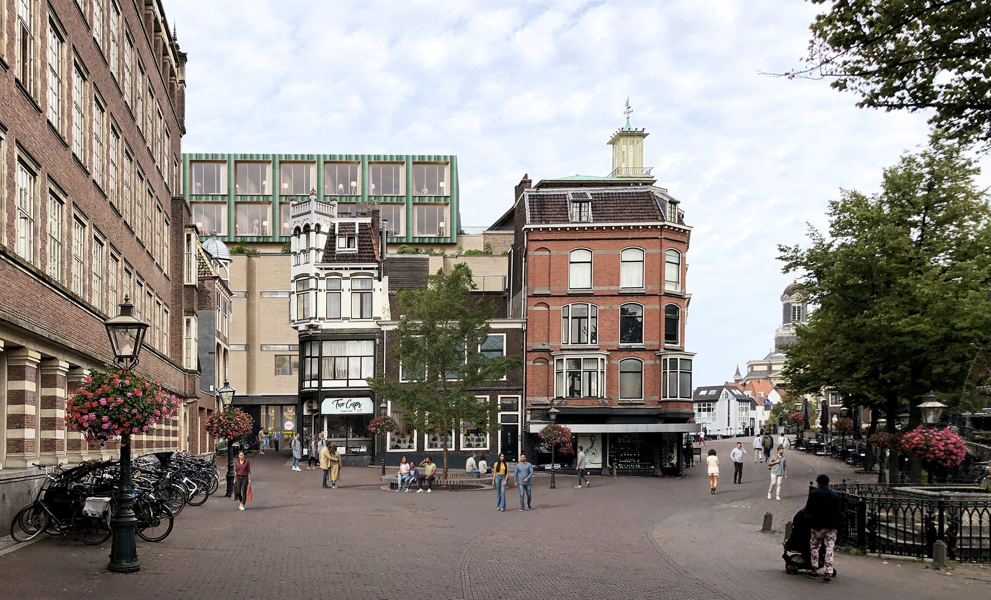 Ontwerpbeeld van het plein met het nieuwe gebouw daarachter
